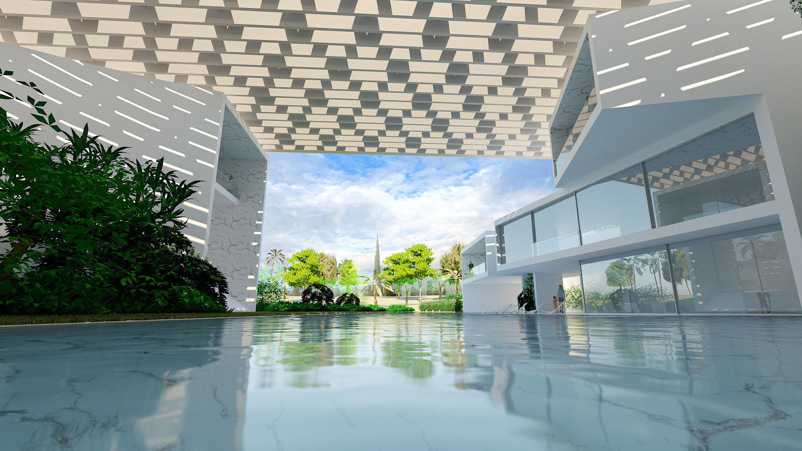 OɅ8i8 villa in Nad Al Sheba - Dubai, by Inaki Leite Design. View of the pool and OɅ8i8 from the South
